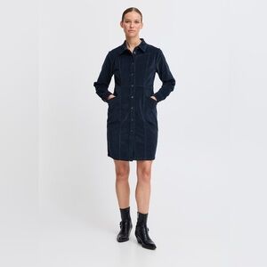 Blue Buttoned Tie Front Long Sleeve Dress